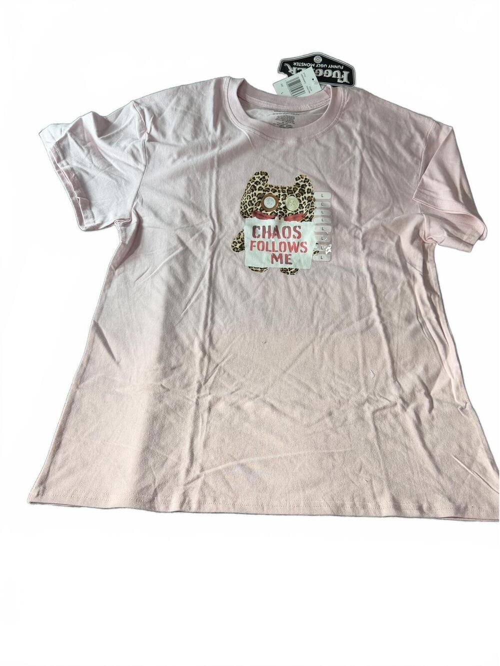 NWT Fuggler Funny Ugly Monster Chaos Follows Me Graphic Pink T-Shirt L Novelty